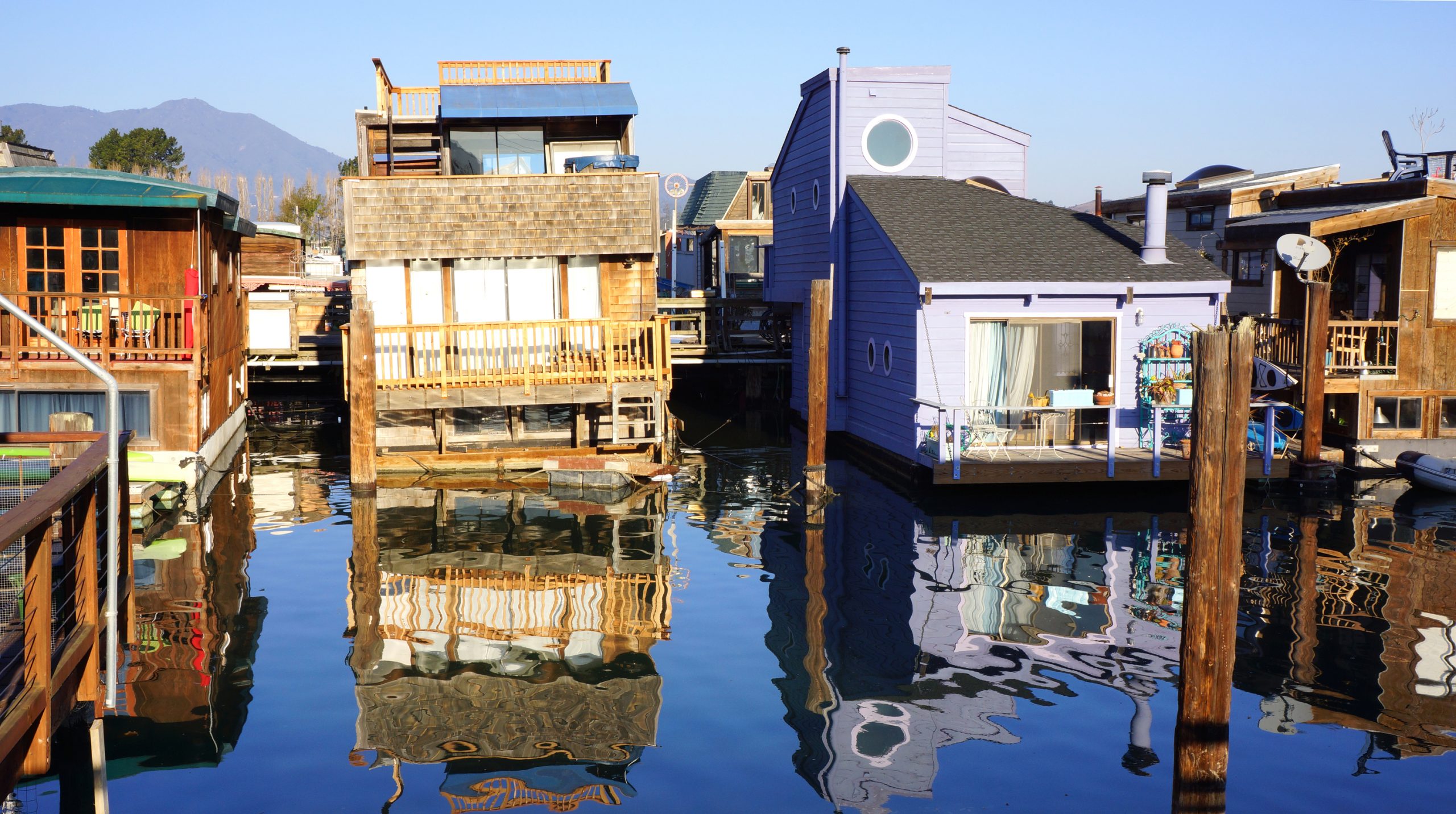 Sausalito houseboats lined up in the harbor