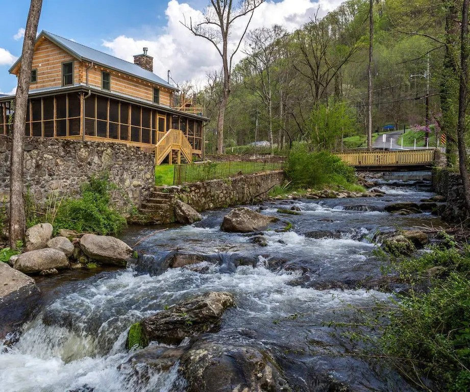 This picturesque mountain has a roaring river 