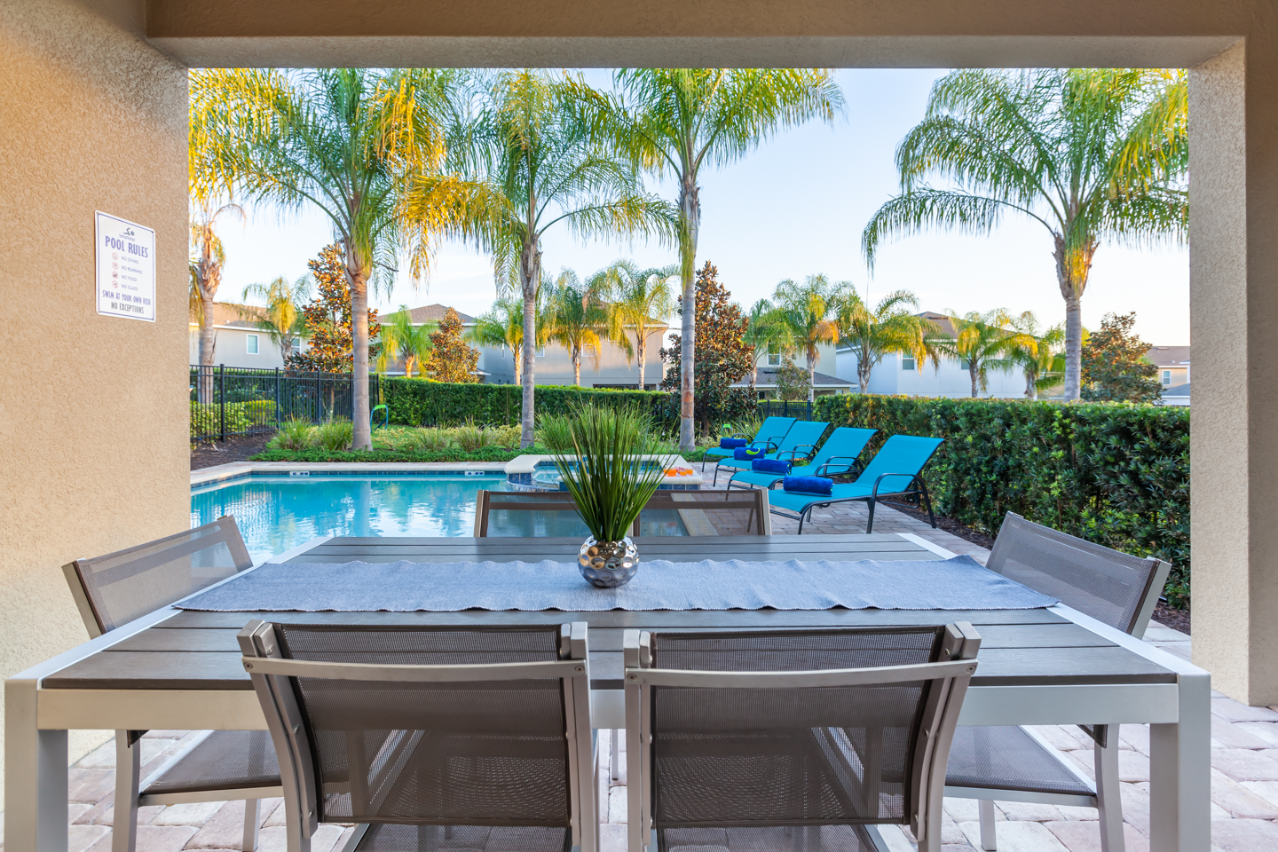 Dining area with swimming pool