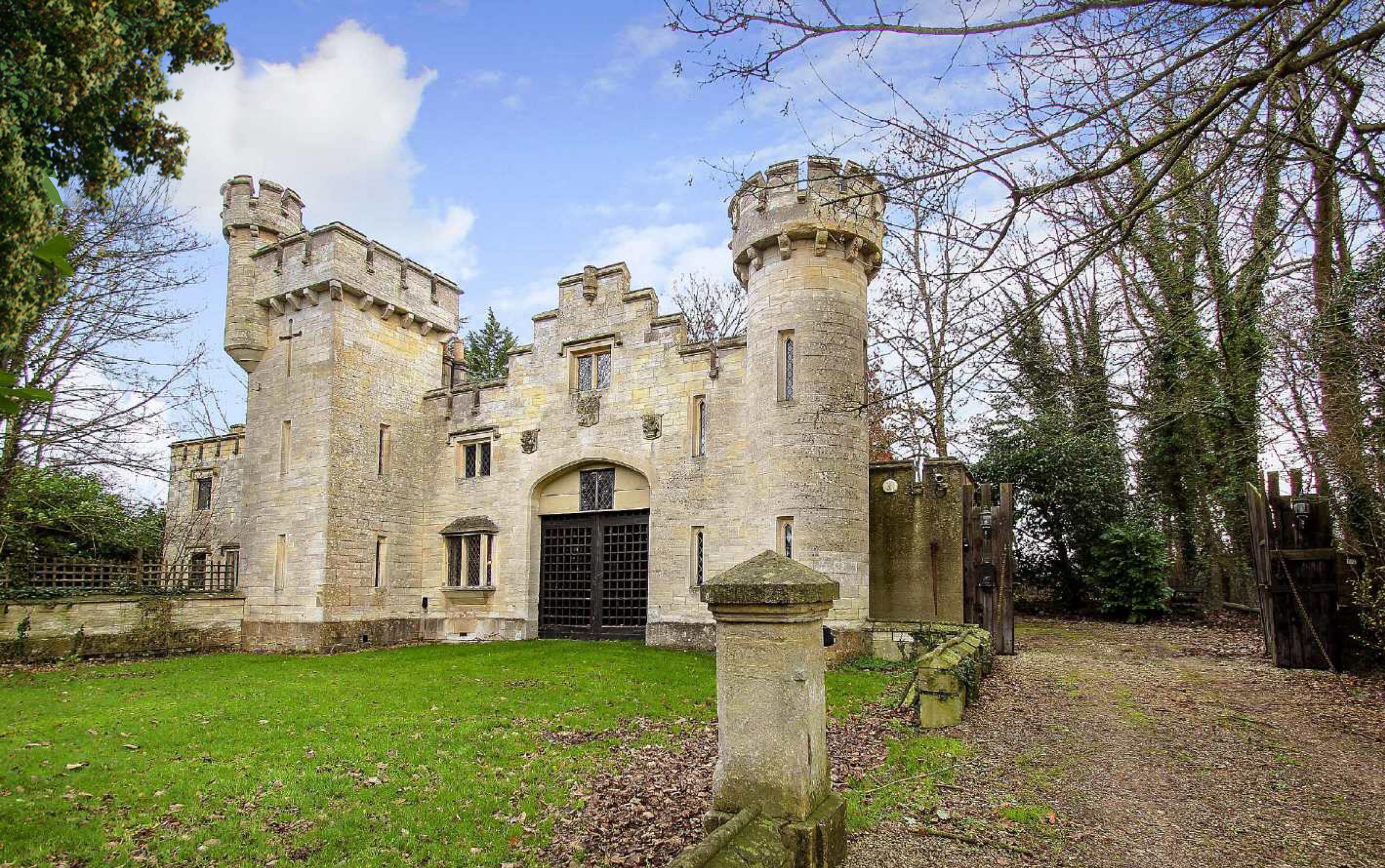 White stone castle with walkway