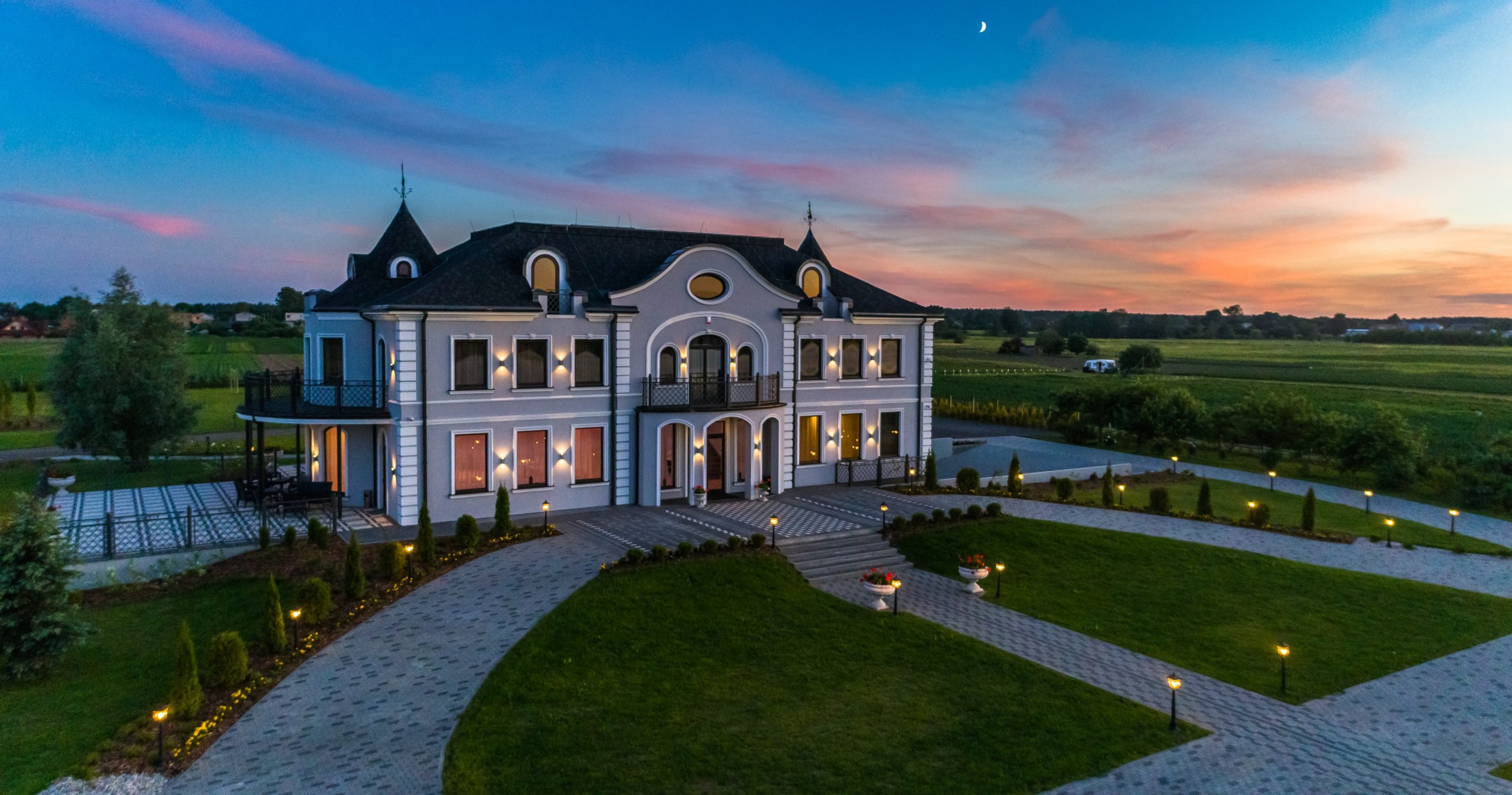 Modern castle during sunset