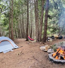 Tent and fire pit at campground