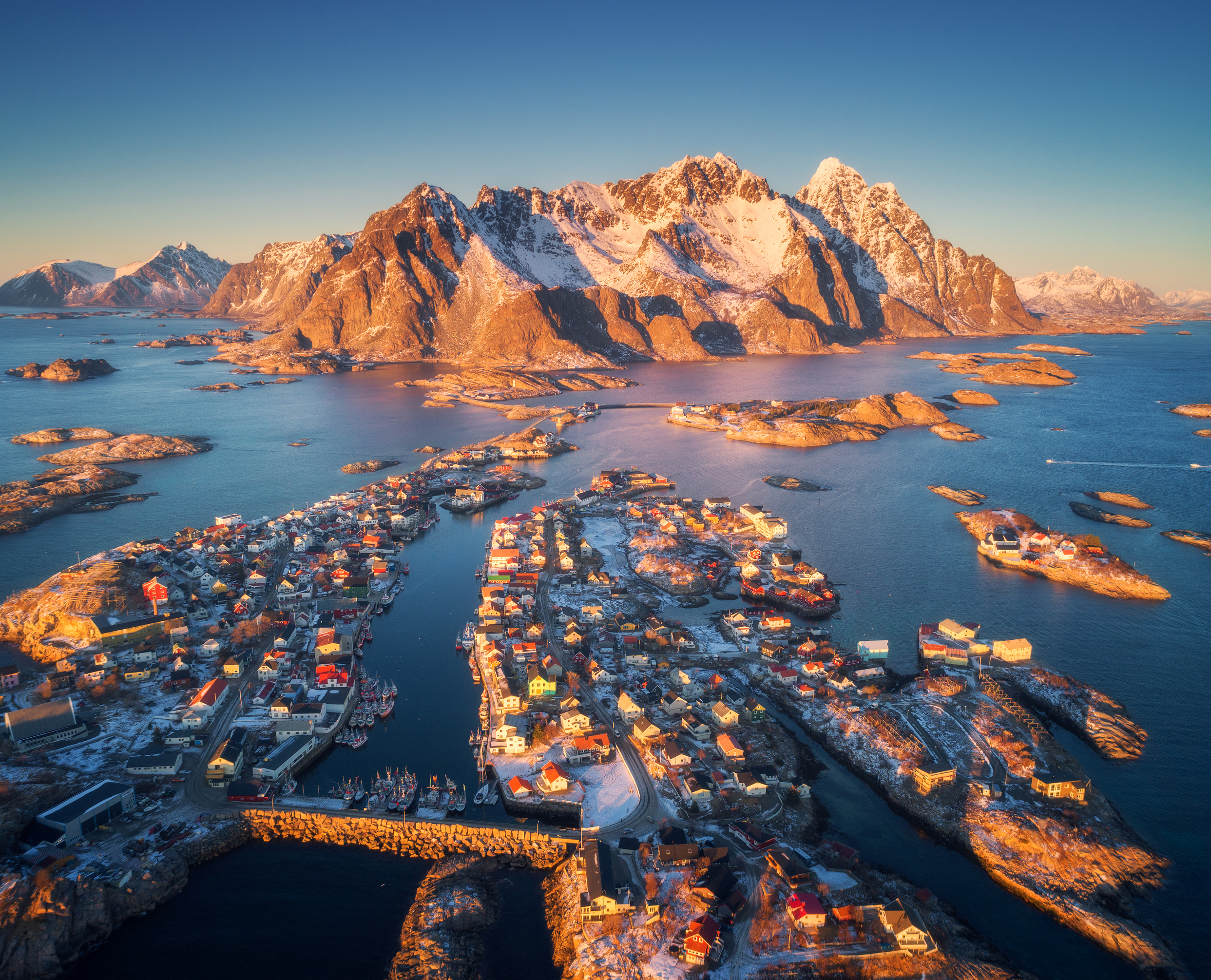 Aerial view of Henningsvaer at sunset in Lofoten islands