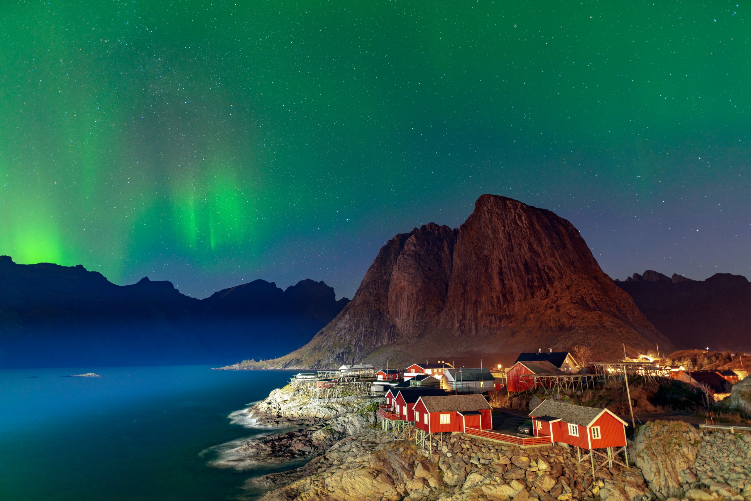 Northern lights over Hamnoy village, Lofoten islands, Norway