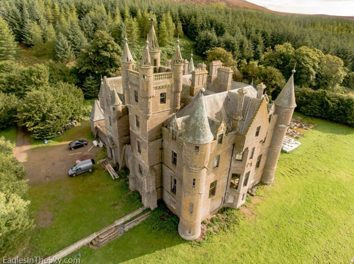 Aerial view of castle with turrets