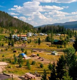 aerial image of campground in a valley