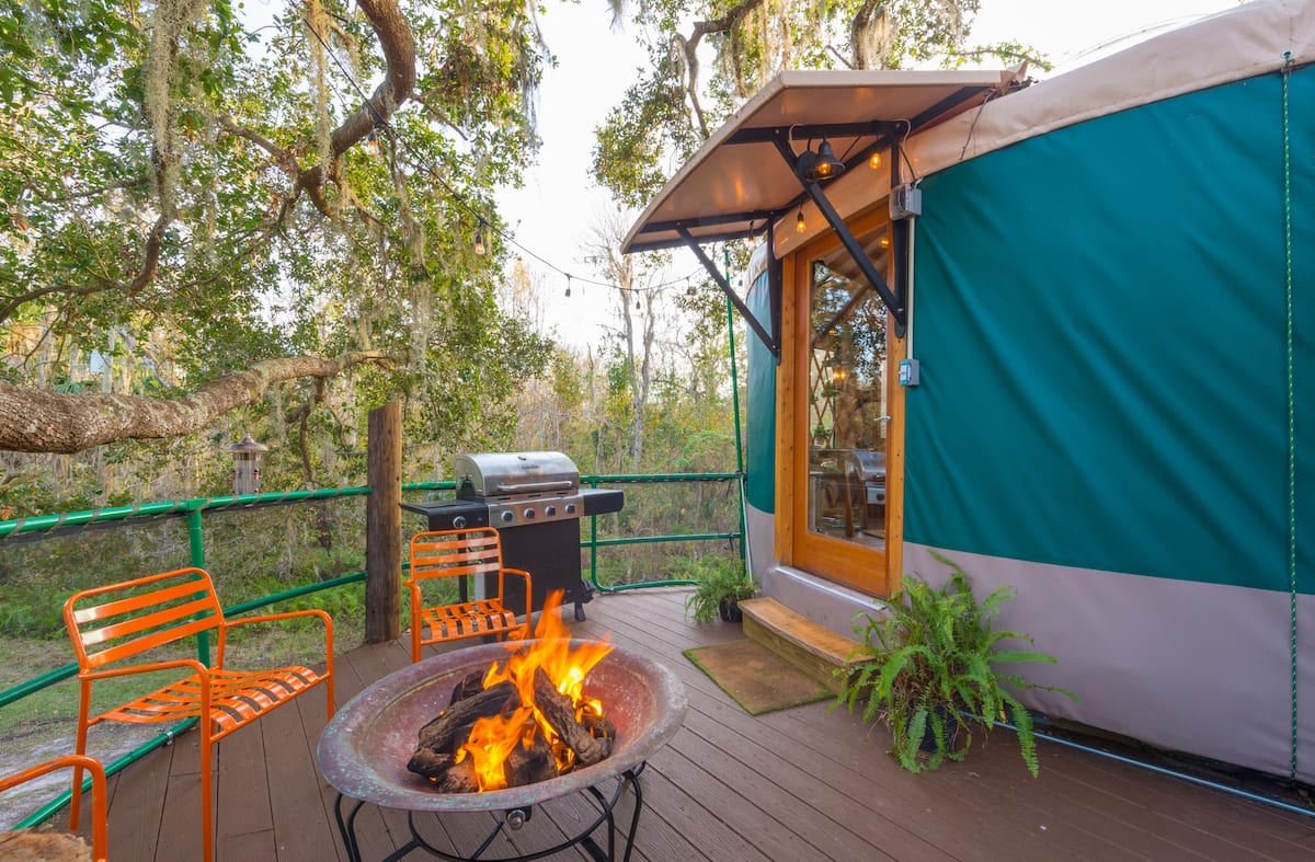 fire pit and grill on the deck