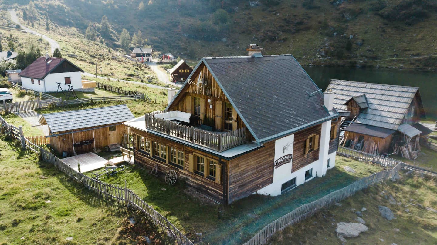 Exterior of chalet with outdoor sauna and gym 