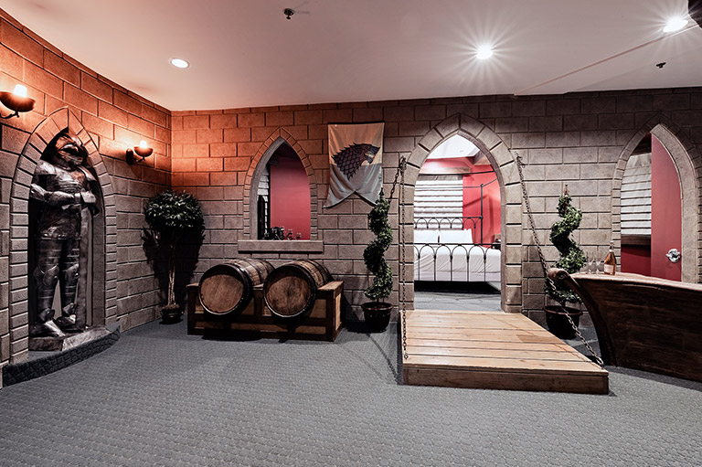 Castle-like themed room  at the Chateau Avalon