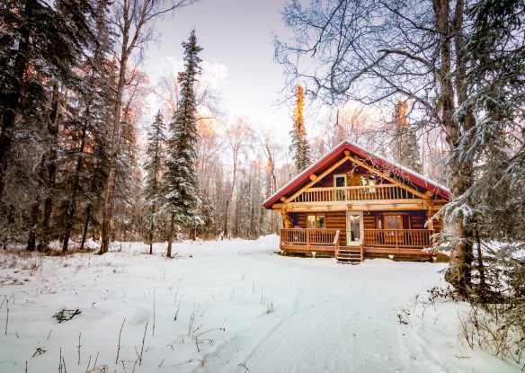 Wooden cottage set in snowy forest