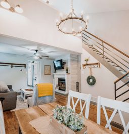 Bright space with chandelier and dining table