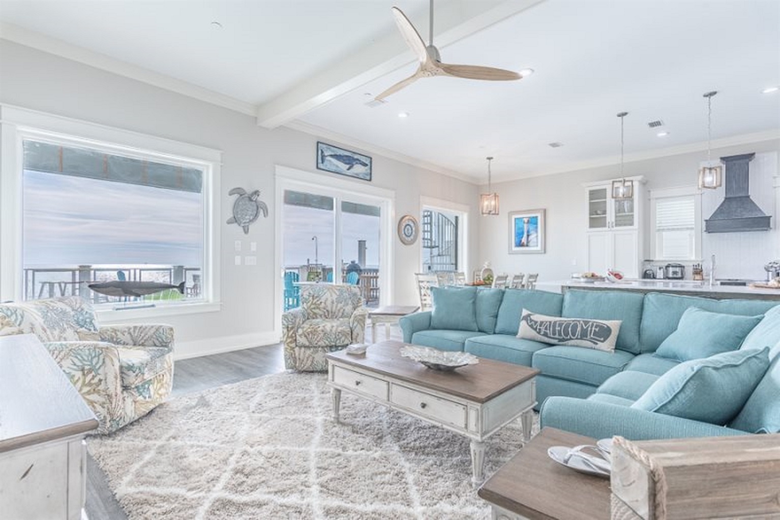 Airy living space with blue and white decor 