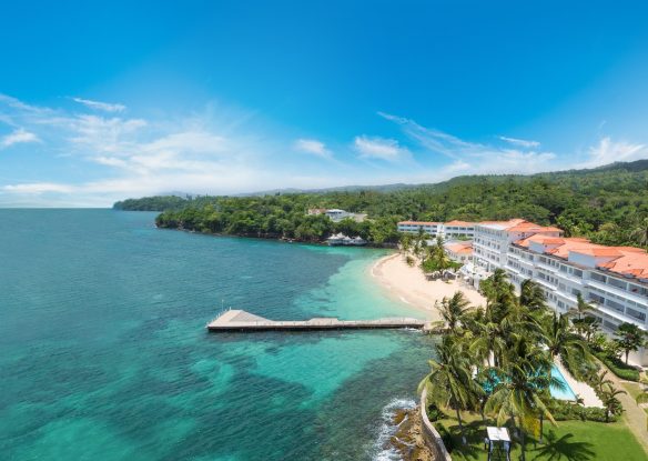 Aerial view of resort by the water