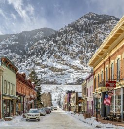 historic main street with mountain backdrop