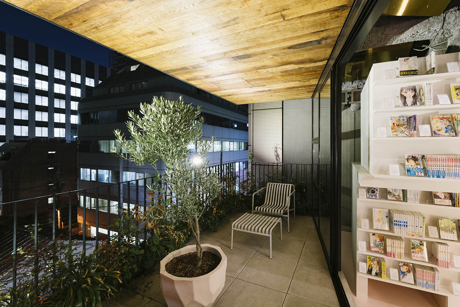 Communal outdoors terrace with Manga comics 