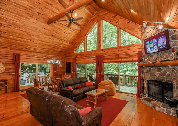 Cabin interior with A-frame window