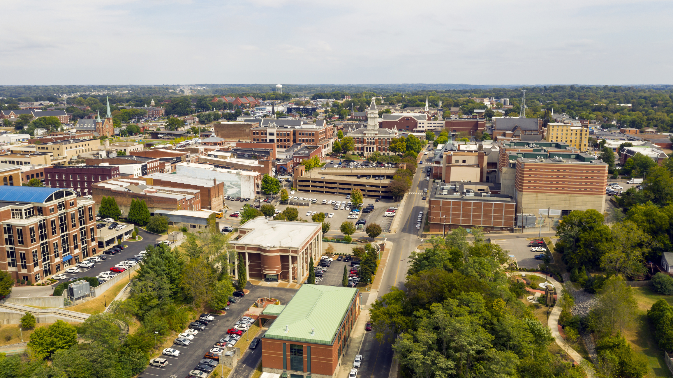 Aerial view over the buildings and infrastructure in Clarksville