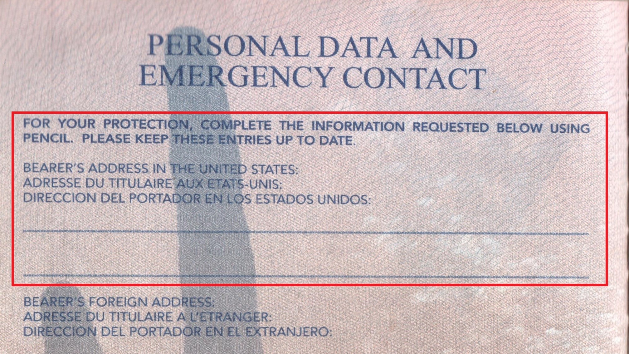 US Passport Personal Data Page