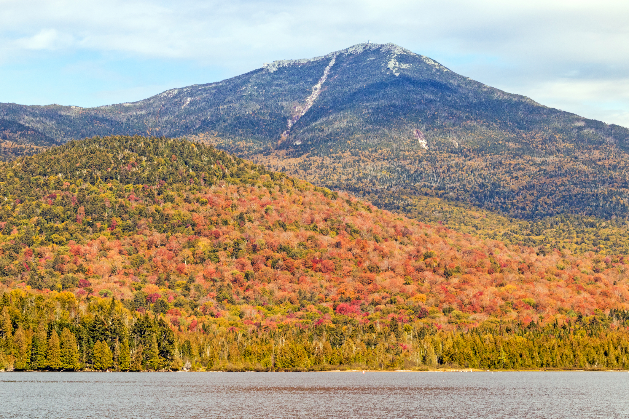 Whiteface Mountain from Lake Placid and Autumn colors in Adirondack Mountains