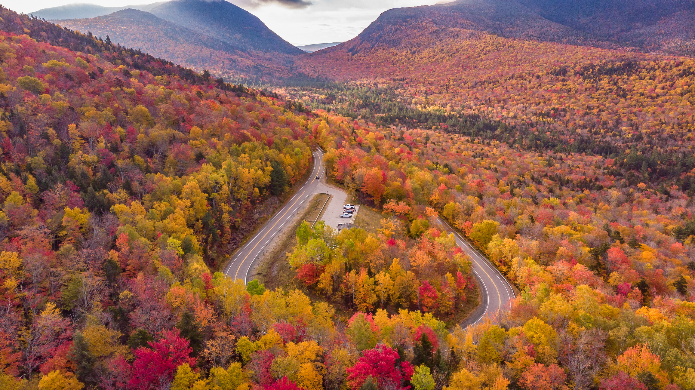 Amazing view of Kancamagus Highway in New Hampshire during foliage season autumn