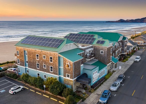 beach hotel with solar panels on the roof