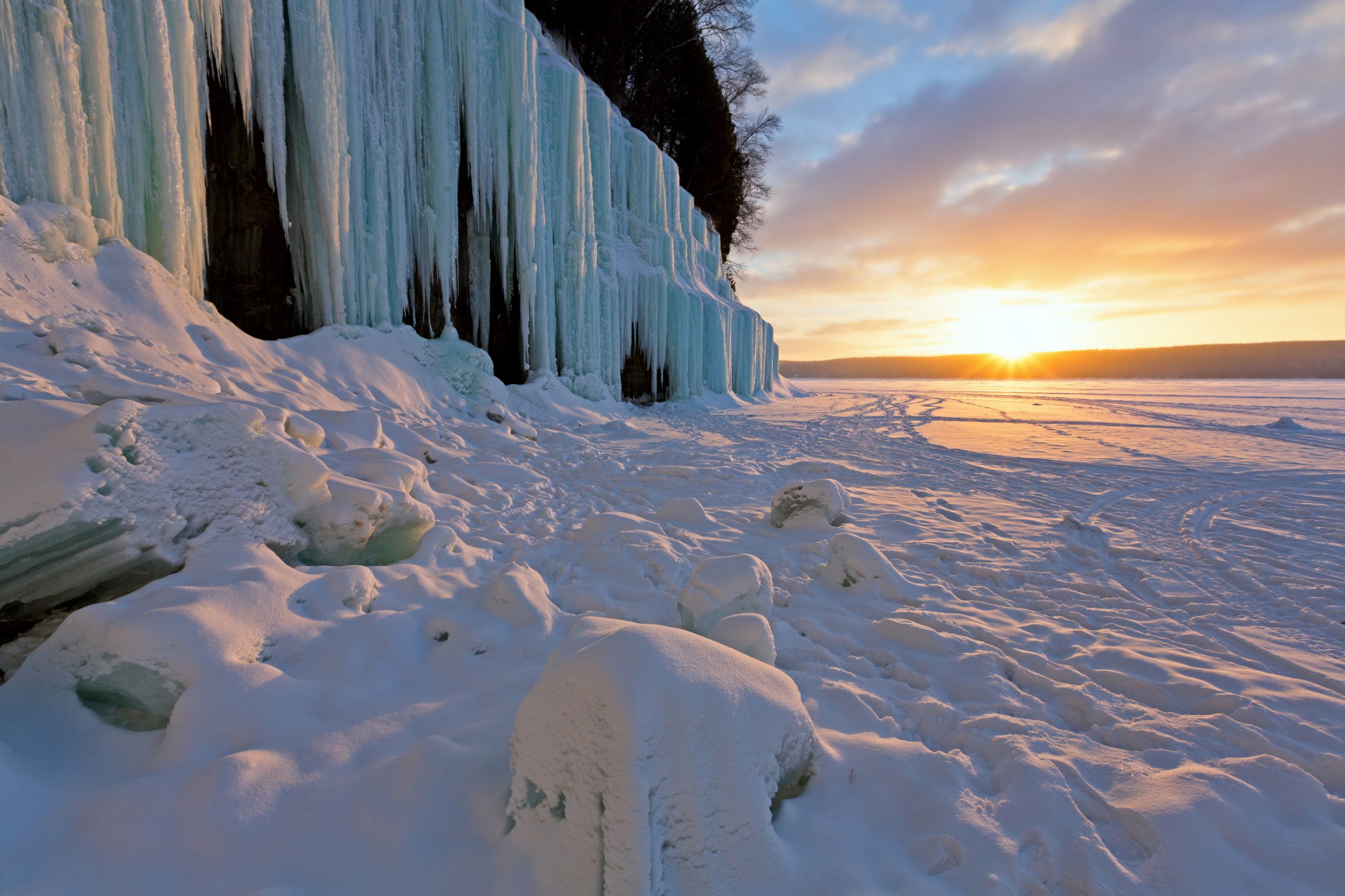 ice curtains at sunrise near Munising, Michigan