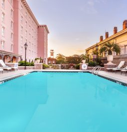 oudoor pool at a colorful hotel in Charleston