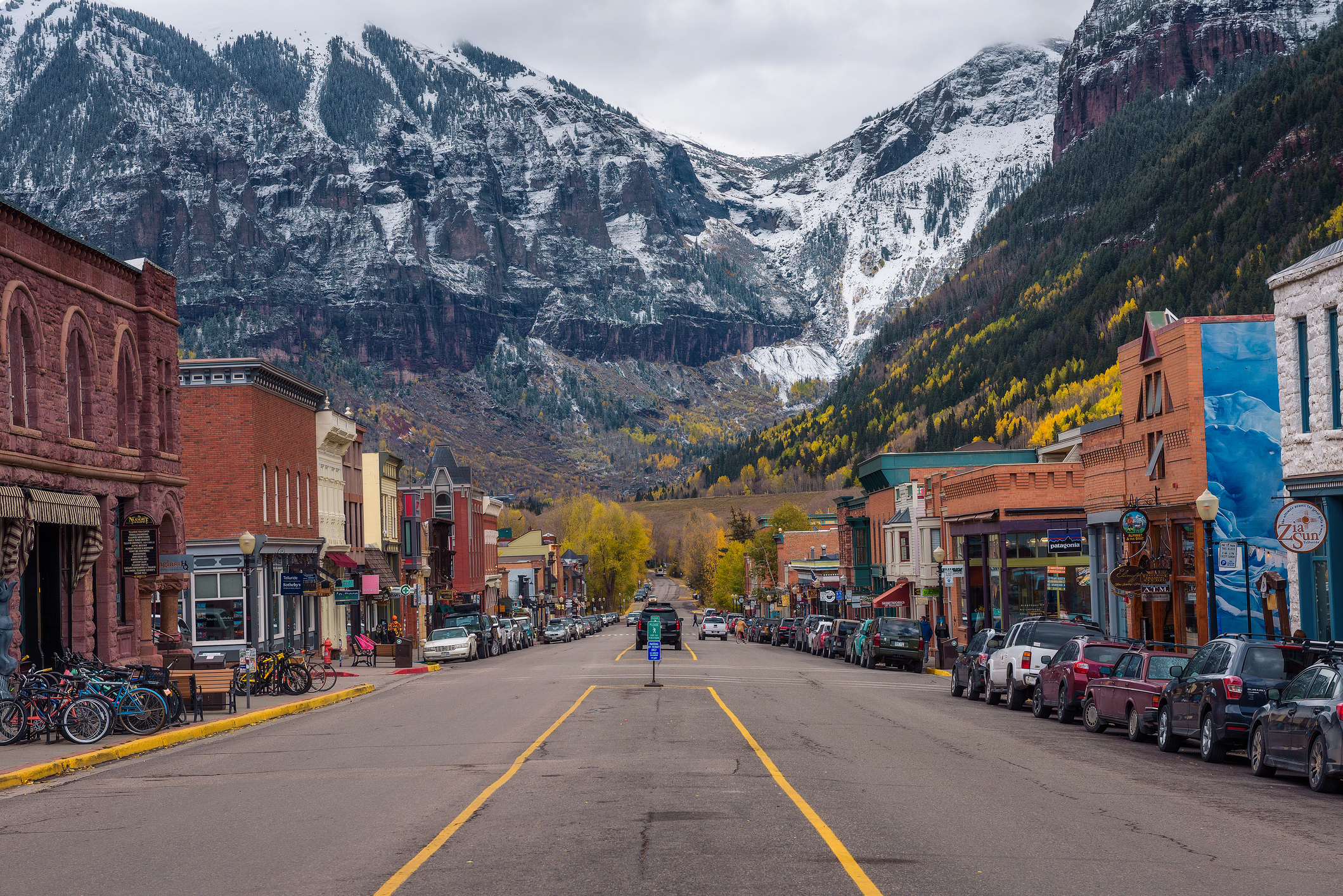 Colorado Avenue in Telluride facing the San Joan Mountains