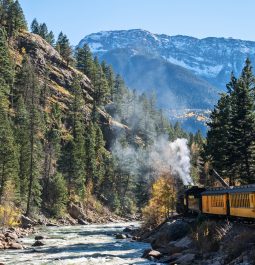 train riding along canyon in durango