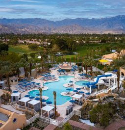 aerial view of outdoor pool with slides