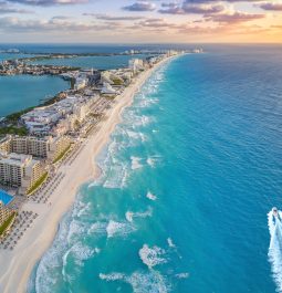 Cancun and the beach in the daytime with a drone