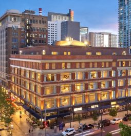 exteror of downtown Denver hotel at night