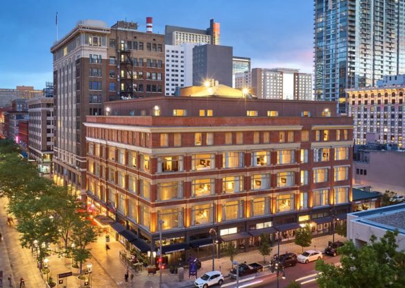 exteror of downtown Denver hotel at night