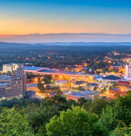 Hot Springs, Arkansas, USA town skyline from above at dawn