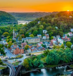 Sunset view of Harpers Ferry, West Virginia from Maryland Heights