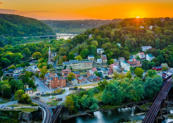 Sunset view of Harpers Ferry, West Virginia from Maryland Heights