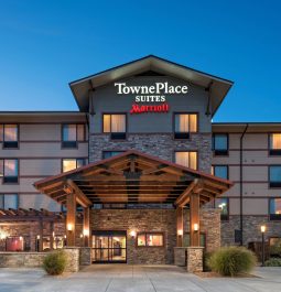 Exterior front of hotel at night