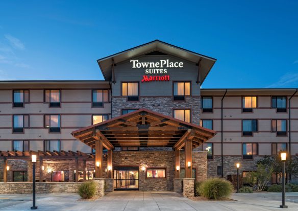 Exterior front of hotel at night