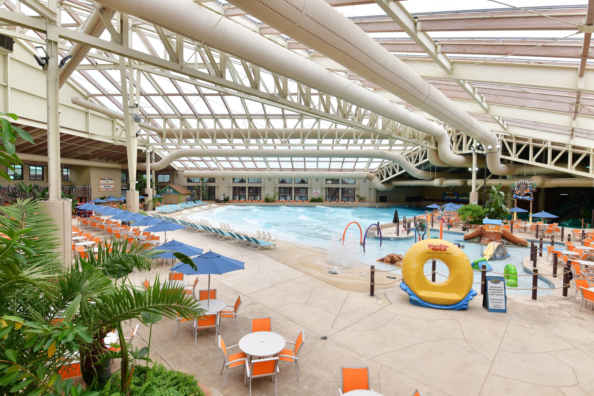 Interior of water park with seating