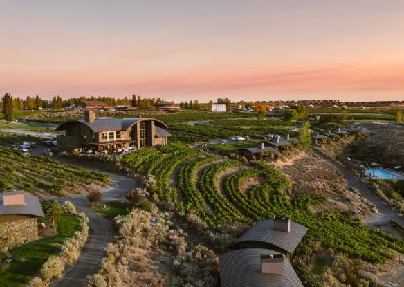 aerial view of Sagecliffe Resort & Spa at sunset