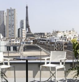 Hotel rooftop terrace with the Eiffel Tower view