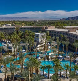 Aerial view of a resort with water park