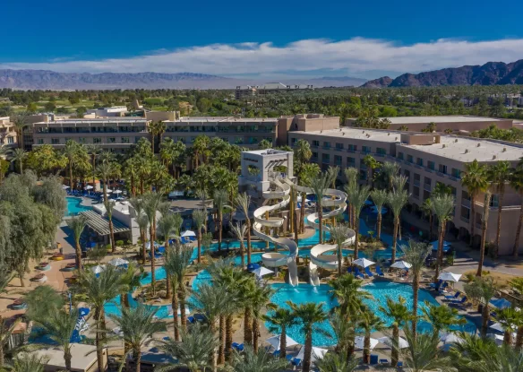 Aerial view of a resort with water park