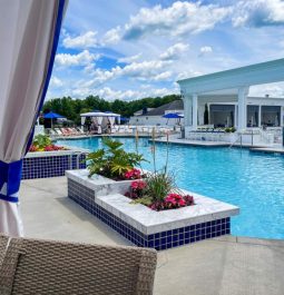 Luxury pool area with seating