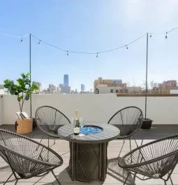 Outside seating with city views