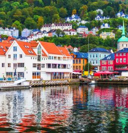 Scenic summer panorama of the Old Town pier architecture of Bryggen in Bergen, Norway