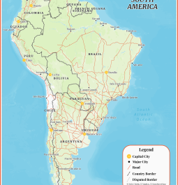 Political/Atlas Travel Map of South America with countries, capitals, large cities and roads.