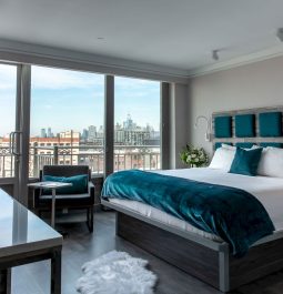 Interior of a hotel room with NYC view