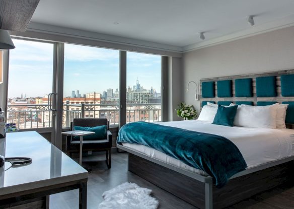 Interior of a hotel room with NYC view