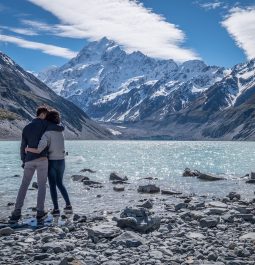 couple gazing out at a lake and mountains